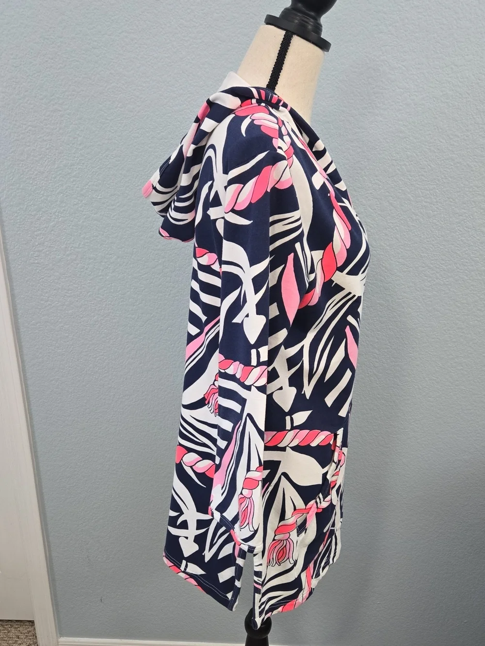 BARBARA GERWIT Cover Up Tunic Top Hoodie Anchor Rope Print Large Pink Blue Retro
